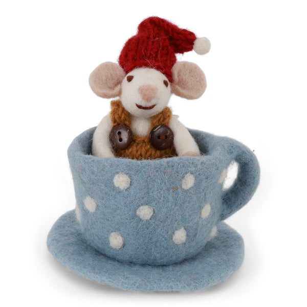 Felt Mouse in Blue Coffee Cup
