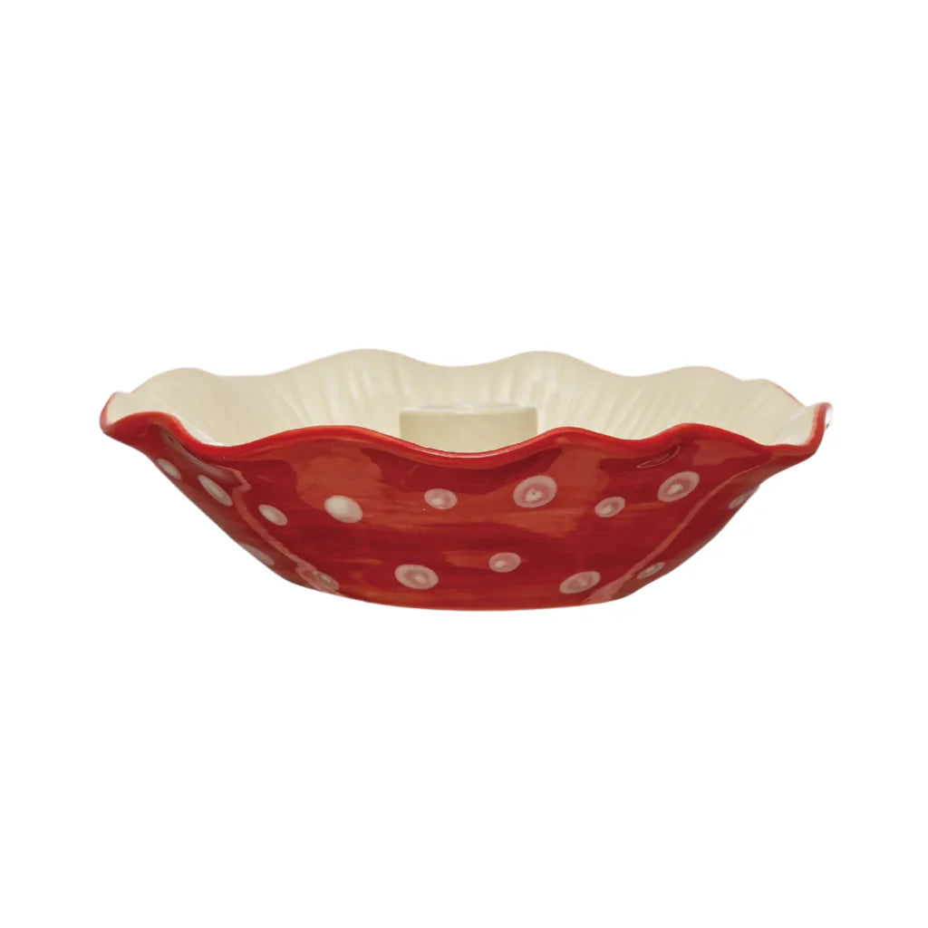 Hand-Painted Stoneware Mushroom Taper Candleholder
