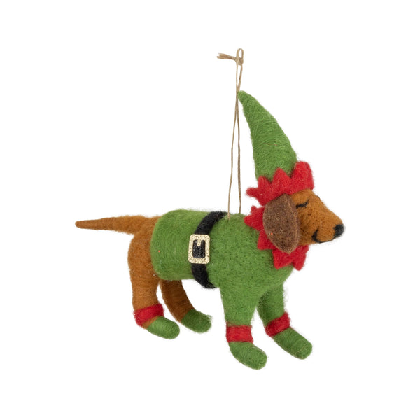 Green Elf Dachshund Felt Ornament