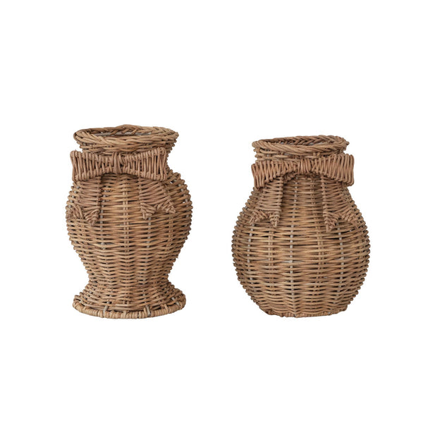 Hand-Woven Rattan Vase with Bow & Glass