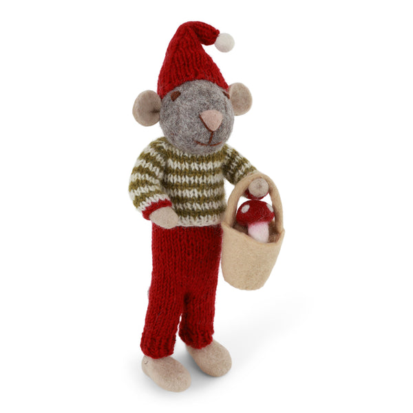Gray Felt Mouse with Mushroom in Bucket
