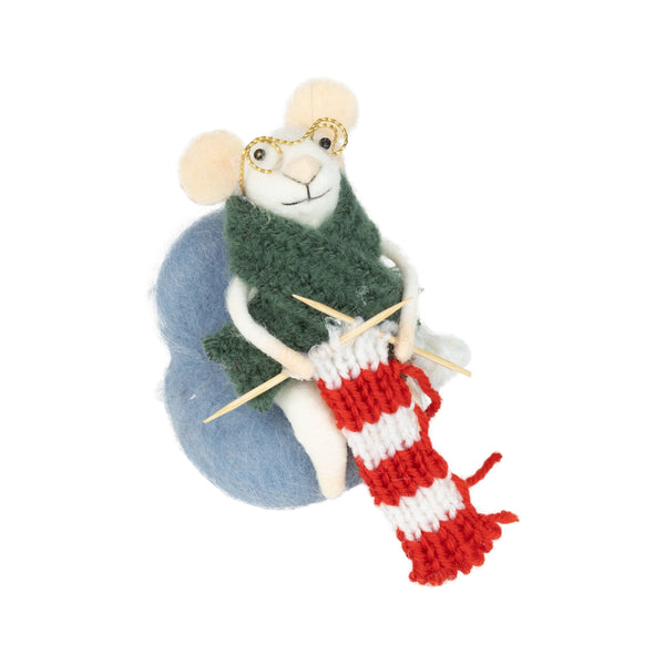 Knitting Grandma Mouse Felt Ornament