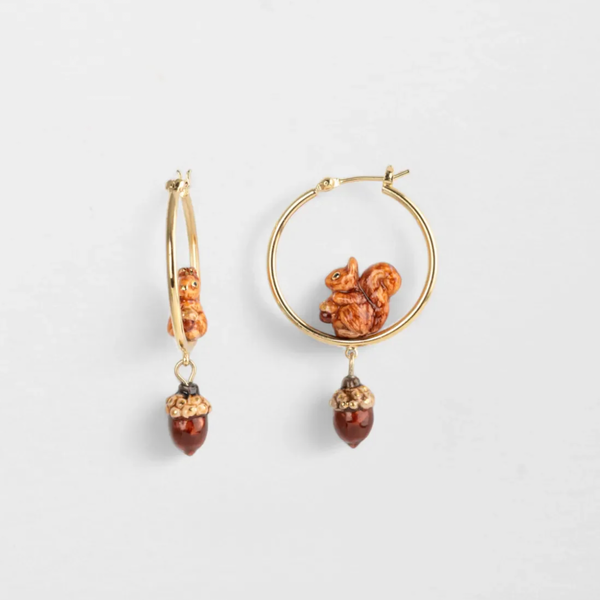 Porcelain Squirrel & Acorn Hoop Earrings