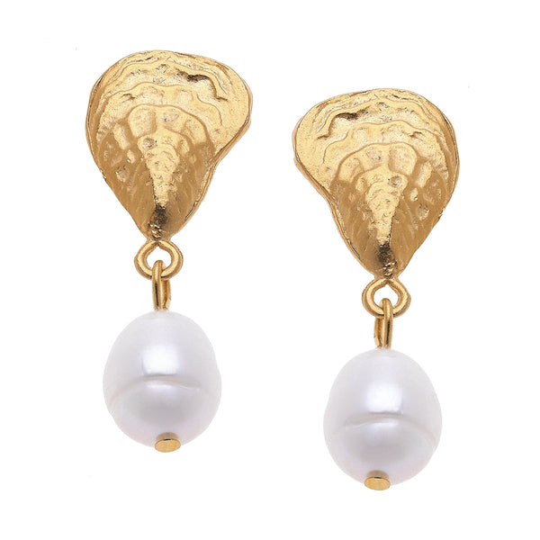 Gold Oyster & Pearl Drop Earrings