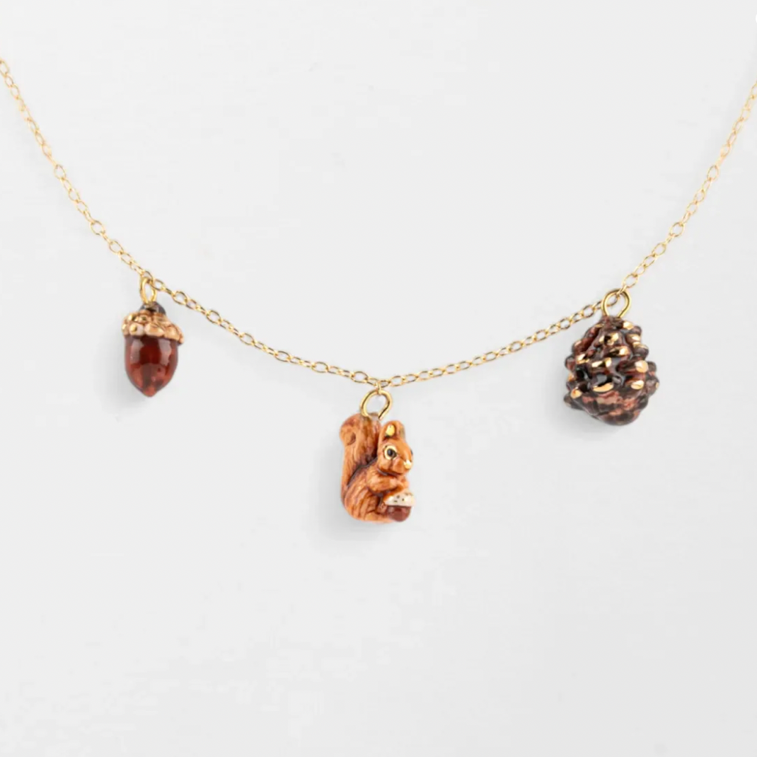 Porcelain Squirrel, Cone & Acorn Necklace