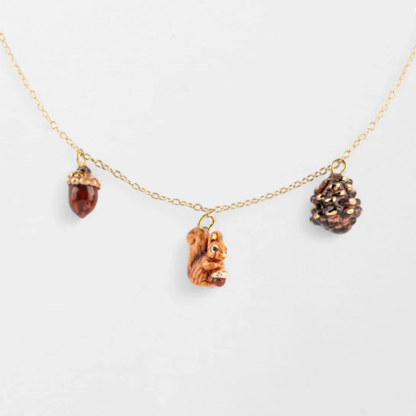Porcelain Squirrel, Cone & Acorn Necklace