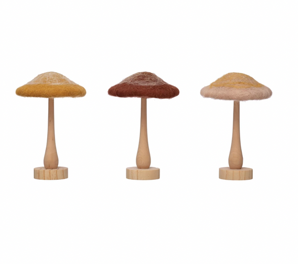 Wool Mushroom with Wood Base and Glitter